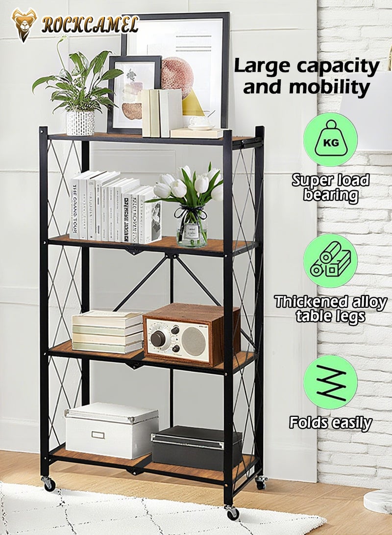 ROCKCAMEL 4-Tier Foldable Storage Rack, Movable Solid Wood Kitchen Storage Shelves, Large Capacity Metal Shelving Units, No Assembly Storage Rack for Kitchen, Living Room,Basement,Bathroom - Image 4