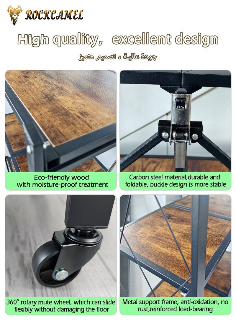 ROCKCAMEL 4-Tier Foldable Storage Rack, Movable Solid Wood Kitchen Storage Shelves, Large Capacity Metal Shelving Units, No Assembly Storage Rack for Kitchen, Living Room,Basement,Bathroom - Image 5