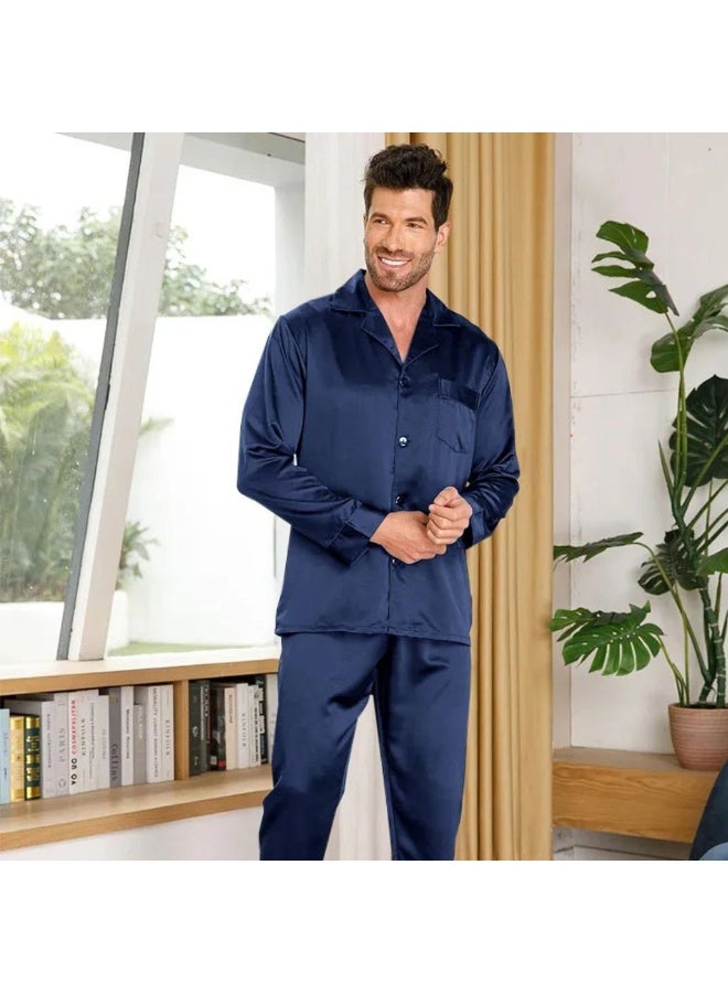 بيجامة رجالية ستان، أزرق كحلي، طقم بيجاما من قطعتين بأزرار وجيب، ملابس نوم فاخرة - Image 4