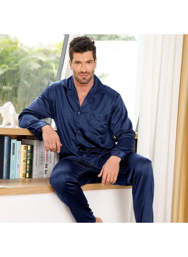 بيجامة رجالية ستان، أزرق كحلي، طقم بيجاما من قطعتين بأزرار وجيب، ملابس نوم فاخرة - Image 2