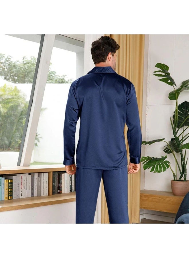 بيجامة رجالية ستان، أزرق كحلي، طقم بيجاما من قطعتين بأزرار وجيب، ملابس نوم فاخرة - Image 3