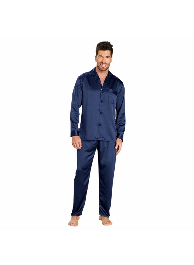 بيجامة رجالية ستان، أزرق كحلي، طقم بيجاما من قطعتين بأزرار وجيب، ملابس نوم فاخرة - Image 1
