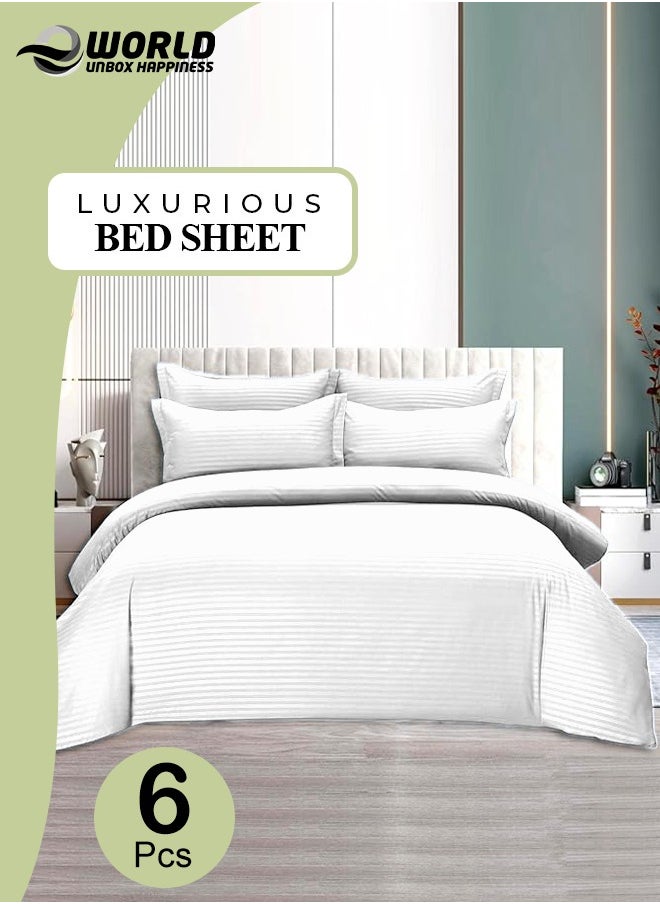 Eworld - 6-Piece Premium King Size Bedding Set, White Striped Design-1 Full/King Size Luxury Bedsheet with Stripped Pattern with 1 Soft Duvet and 4 Pillowcases – Suitable for Home and Hotels - Image 1
