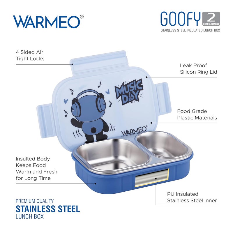 WARMEO صندوق غداء معزول غوفي مع قسمين خالي من BPA، صندوق غداء للأطفال، مثالي للمدرسة، النزهات، المكتب والأنشطة الخارجية - 500 مل أزرق، فولاذ مقاوم للصدأ - Image 5