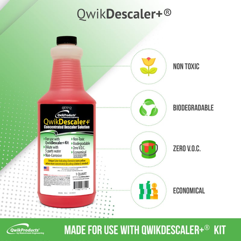 QwikDescaler + محلول إزالة الترسبات المركزة من سخان المياه بدون خزان، مذيب إزالة الترسبات للمبادل الحراري، يذيب بسرعة تشويه الجير والرواسب 1 كوارت - Image 2