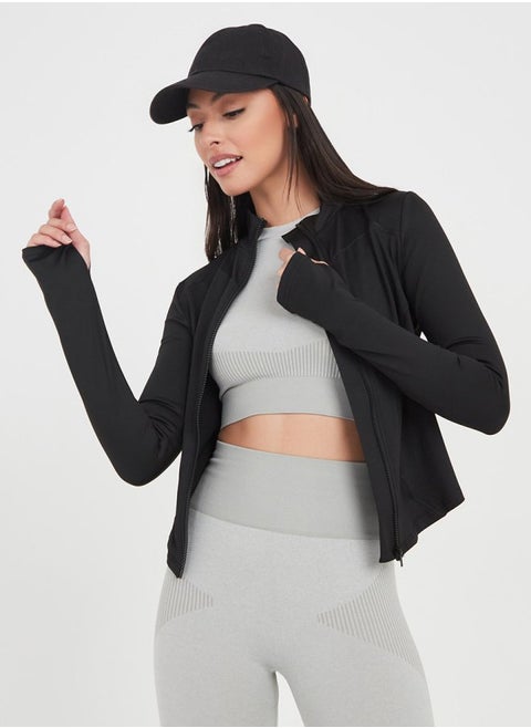 Thumbhole Long Sleeves Piped Fitting Activewear Jacket