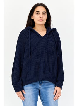 Aerie Women Crochet Hooded Sweater, Navy  - Image 1