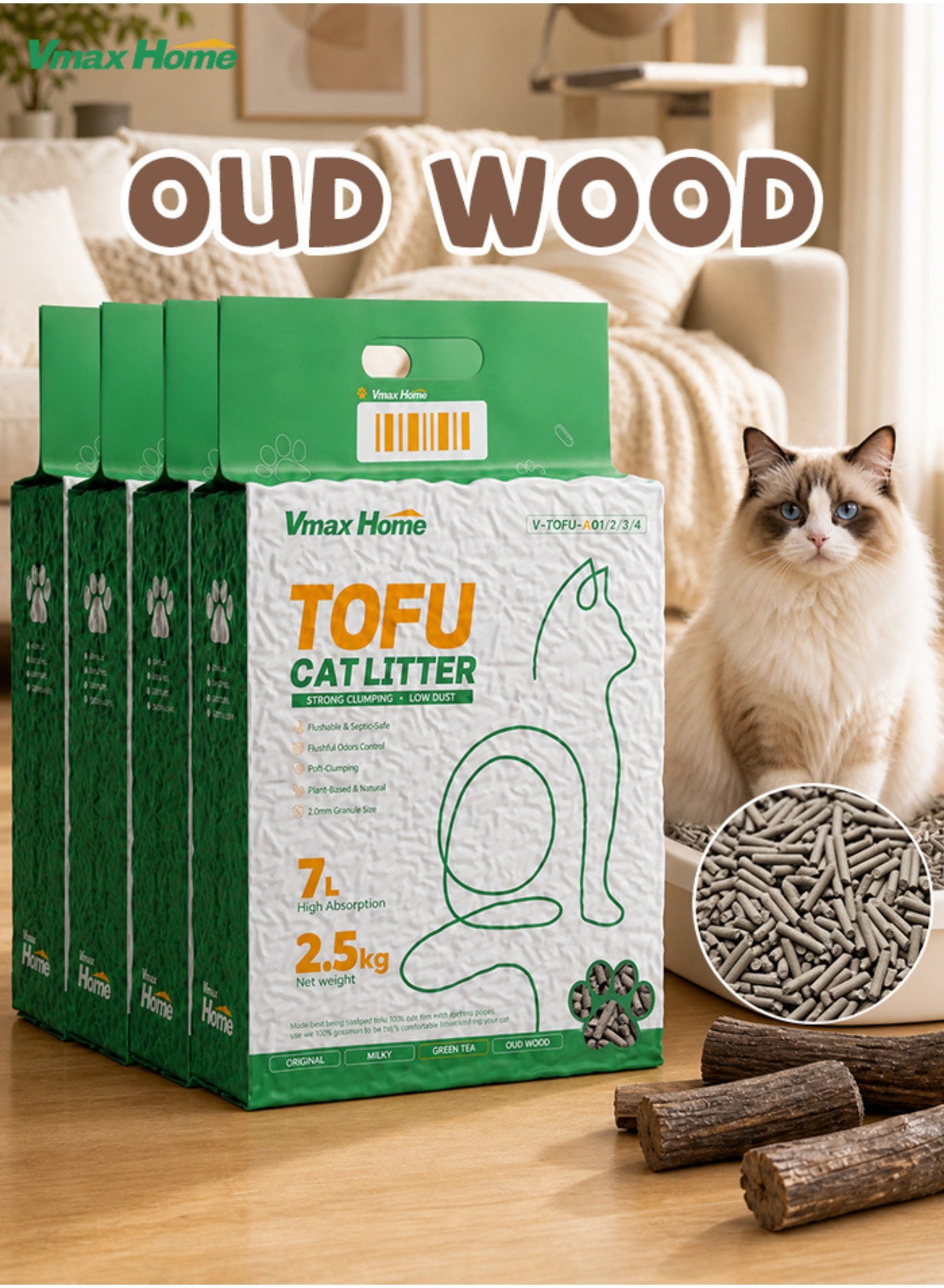 Oud Wood Flavor Tofu Cat Litter (Pack of 4) | 2.5kg x 4 | Luxury Woody Notes | Powerful Deodorization | 2mm Fine Pellets 7L Absorption | Natural Plant-Based