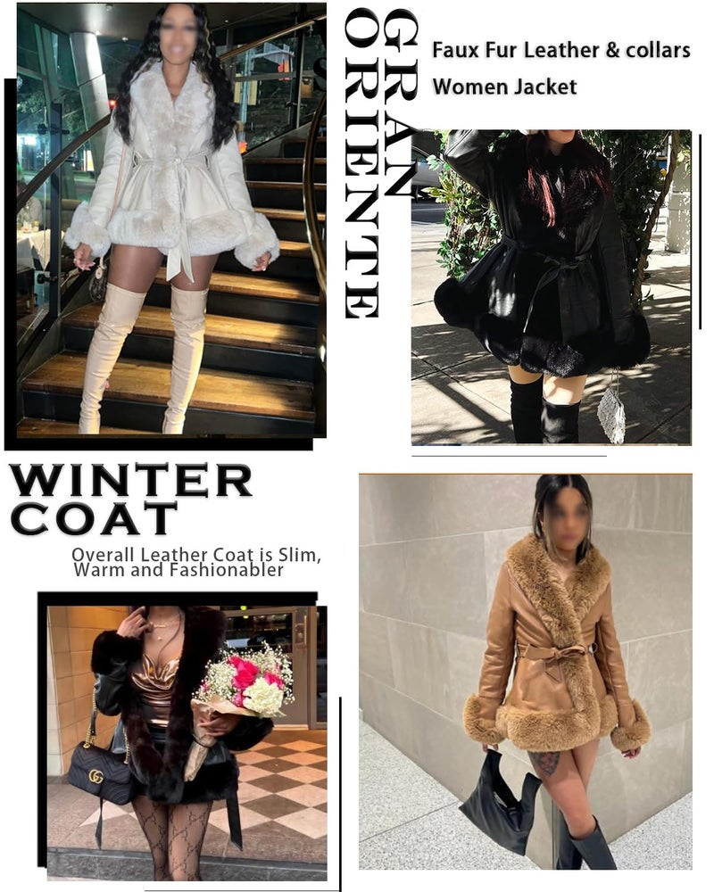 GRAN ORIENTE Faux Leather Jacket for Women with Faux Fur Collar Long Sleeve Fuzzy Parka Overcoat with Warm Trimmed Winter Peplum Coat Belted (GK007 Black XL) - Image 5