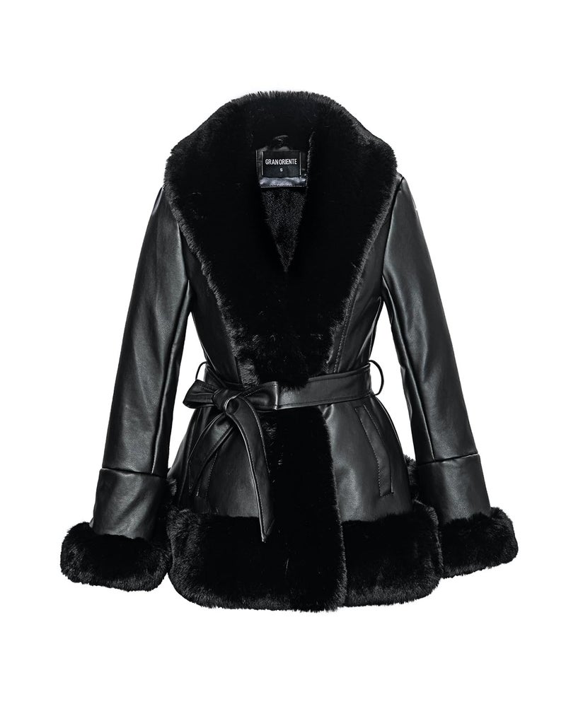 GRAN ORIENTE Faux Leather Jacket for Women with Faux Fur Collar Long Sleeve Fuzzy Parka Overcoat with Warm Trimmed Winter Peplum Coat Belted (GK007 Black XL) - Image 1