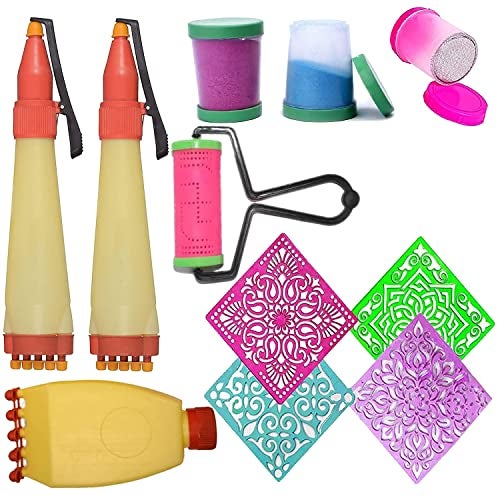 Ascension Rangoli Making tooks Kit Design Draw Rangoli Making Kit 2 Rangoli Pen 3 Fillers 1 Roller 1 Outliner 3 12x12inches Rangoli Stencils - Image 1