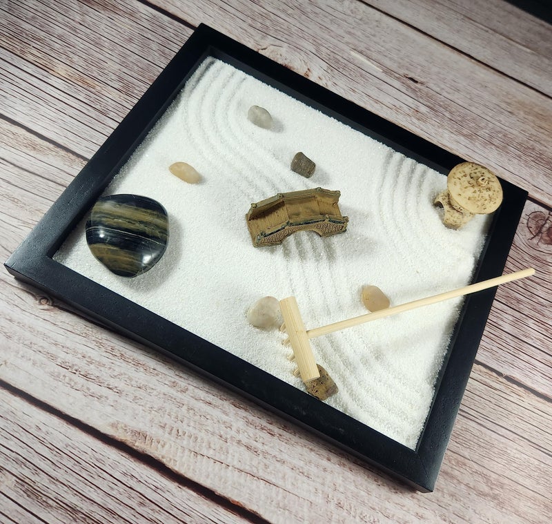 TAPBULL Zen Sand Garden for Desk with Rake, Rocks and Figures (Medium) - Image 3