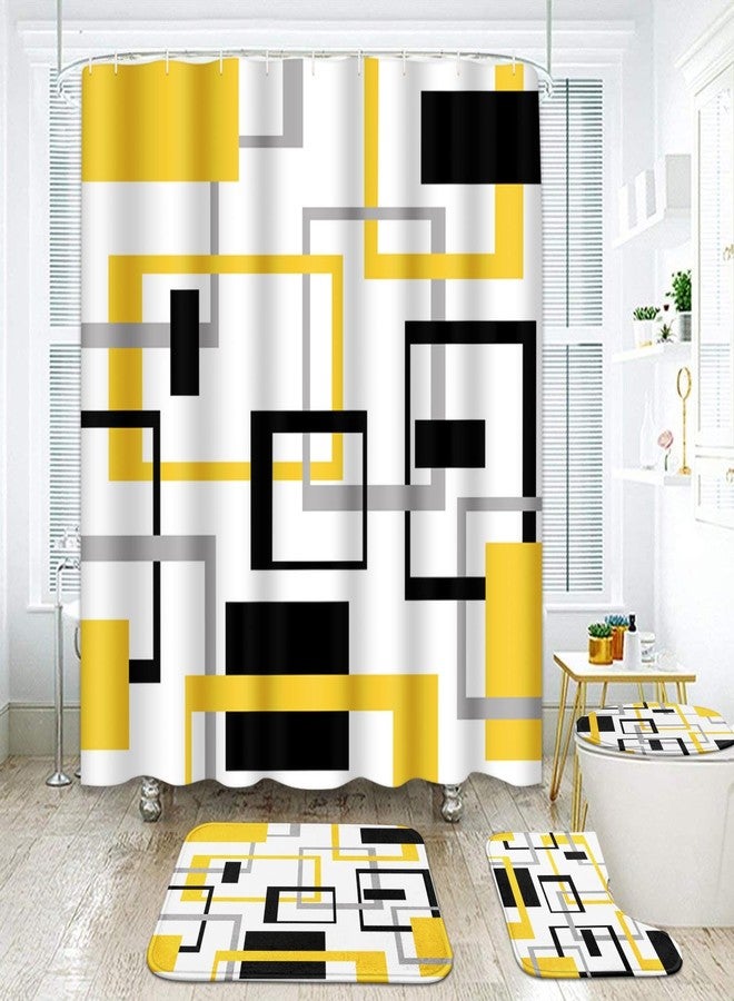 ArtSocket Geometric Yellow and Gray Bathroom Set with Shower Curtain Rugs Accessories, Black and Gray Modern Shower Curtain, Yellow Bathroom Decor 4 Pcs - Image 1