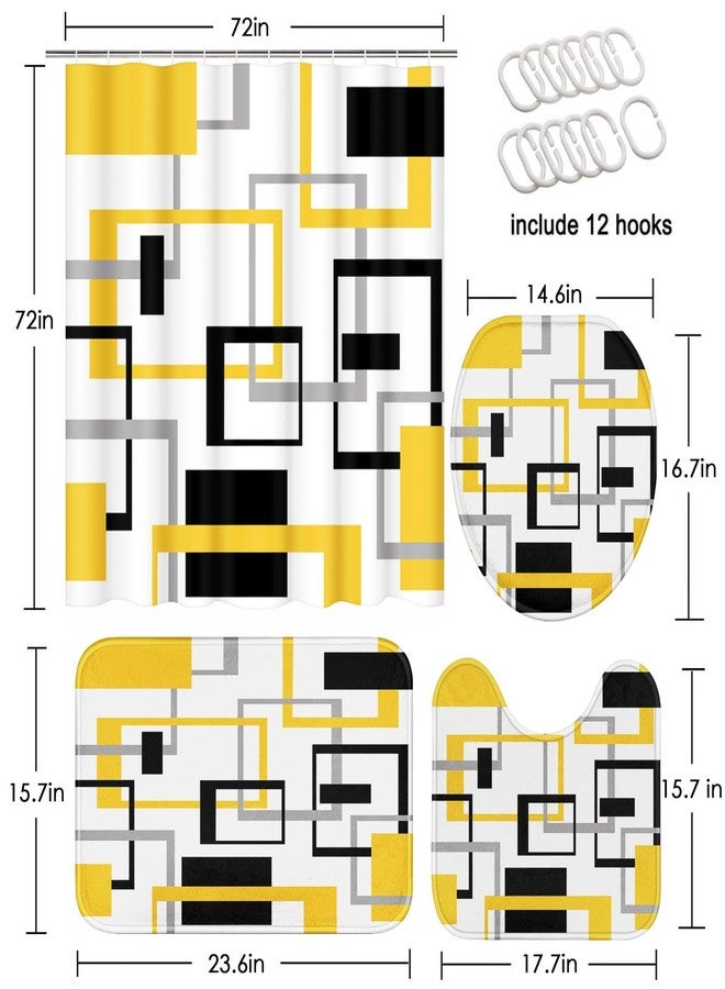 ArtSocket Geometric Yellow and Gray Bathroom Set with Shower Curtain Rugs Accessories, Black and Gray Modern Shower Curtain, Yellow Bathroom Decor 4 Pcs - Image 2