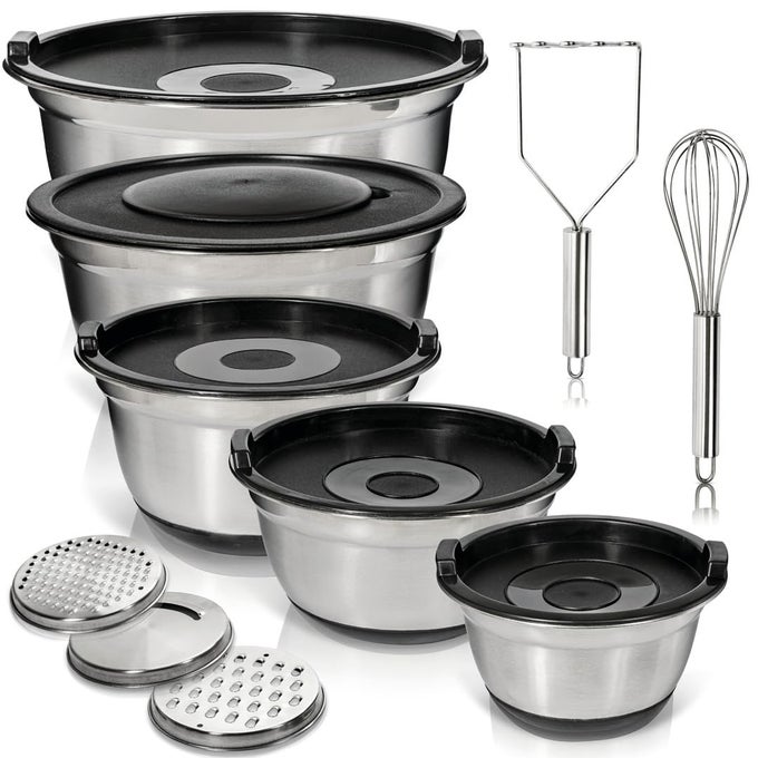 STAINLESS STEEL MIXING BOWLS WITH LIDS SET 5 RUSTPROOF DISHWASHER SAFE KITCHEN BOWLS PLUS 3 GRATER ATTACHMENTS WHISK AND POTATO MASHER FOR MEAL PREP COOKING BAKING SERVING FOOD STORAGE