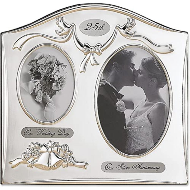 590043 Satin Silver and Brass Plated 2 Opening Picture Frame - 25th Anniversary Design - Image 1