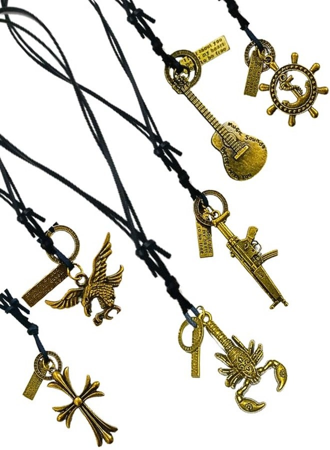 Quarya Necklace Neck Chain Strings with Locket Pendant Leather Cord String Boho Bohemian Vintage Mens Accessories Adjustable Neck Chain Fashion Jewellery for Men Women Boys and Girls (6 pcs)
