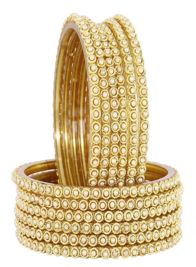 NMII Glass Golden Beads & Moti Pearls Work Designer Bangles Set For Women & Girls | Glass Bangles Golden | Tendy Bangles | bangles for kids-(G108-Golden-2.8), Set of 12 - Image 2