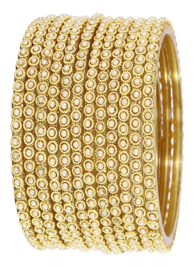 NMII Glass Golden Beads & Moti Pearls Work Designer Bangles Set For Women & Girls | Glass Bangles Golden | Tendy Bangles | bangles for kids-(G108-Golden-2.8), Set of 12 - Image 1