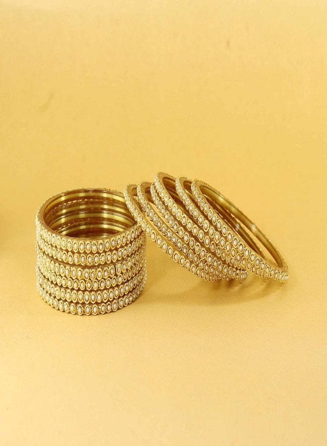 NMII Glass Golden Beads & Moti Pearls Work Designer Bangles Set For Women & Girls | Glass Bangles Golden | Tendy Bangles | bangles for kids-(G108-Golden-2.8), Set of 12 - Image 3