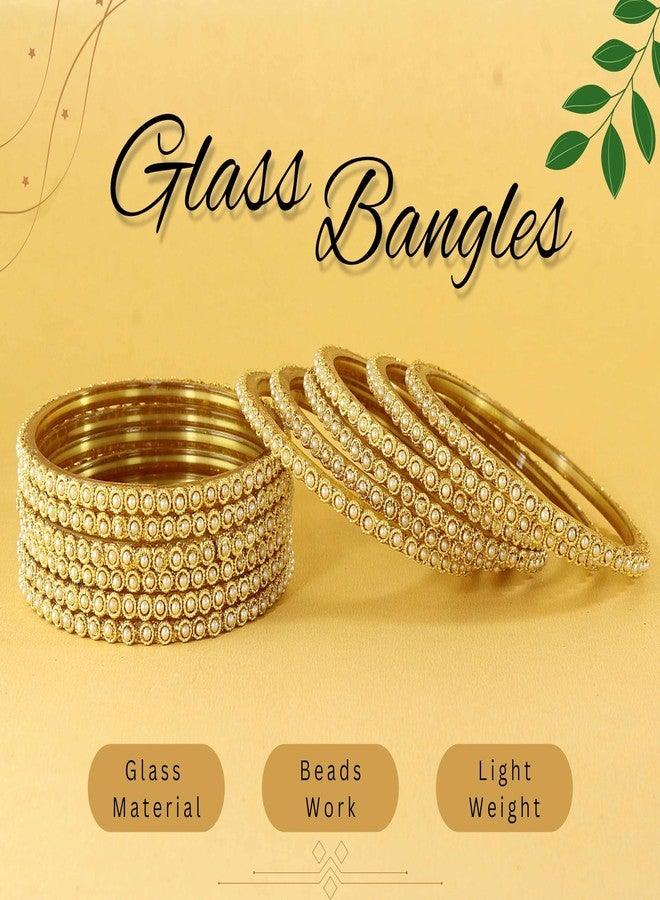 NMII Glass Golden Beads & Moti Pearls Work Designer Bangles Set For Women & Girls | Glass Bangles Golden | Tendy Bangles | bangles for kids-(G108-Golden-2.8), Set of 12 - Image 5