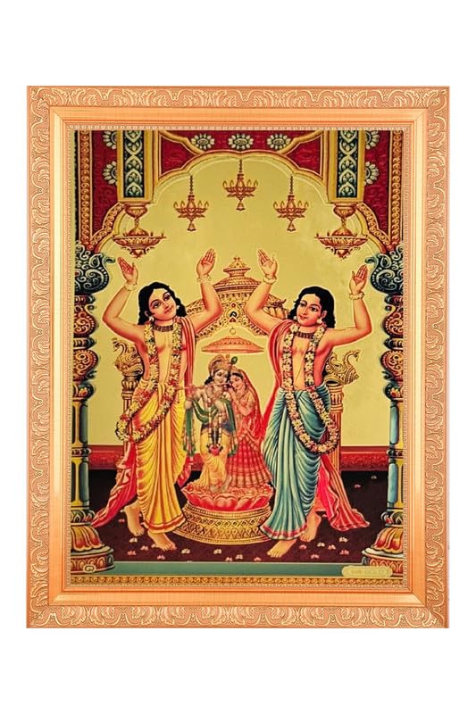 BM TRADERS Gaura Nitai With Radha Krishna Golden Foil Photo In ArtWork Golden Frame11 x 14 Inch OR2794 X 3556 Cm Housewarming Gifts