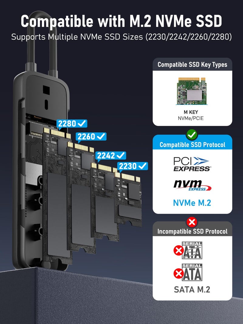 Lemorele M.2 NVMe Enclosure,USB 3.2 Gen2 10Gbps Tool-Free,SSD Enclosure for PCIe M-Key,Nvme USB Adapter Support UASP Trim for 2280 2260 2242 2230(Sata NOT Supported) - Image 2
