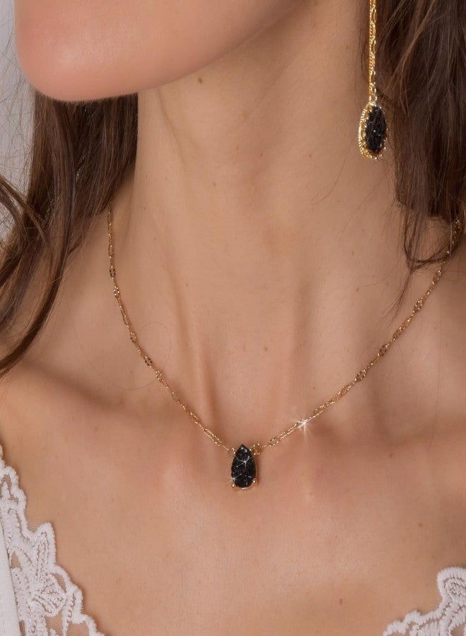 هامبل شيك نيويورك قلادة نسائية باللونين الأسود والذهبي - مجوهرات باللونين الأسود والذهبي، سلسلة قلادة على شكل دمعة، قلادة من حجر دروزي صناعي، قلادة على شكل دمعة، سلسلة ذهبية اللون قابلة للتكديس، حجر دروزي صغير من العقيق الأسود الصناعي - Image 5