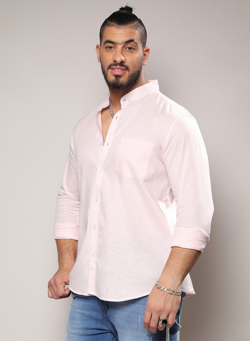 Instafab Plus Men's Baby Pink Basic Button-Up Shirt For Casual Wear | Mandarin Collar | Long Sleeve | Button Closure | Shirt Crafted With Comfort Fit For Everyday Wear - Image 1