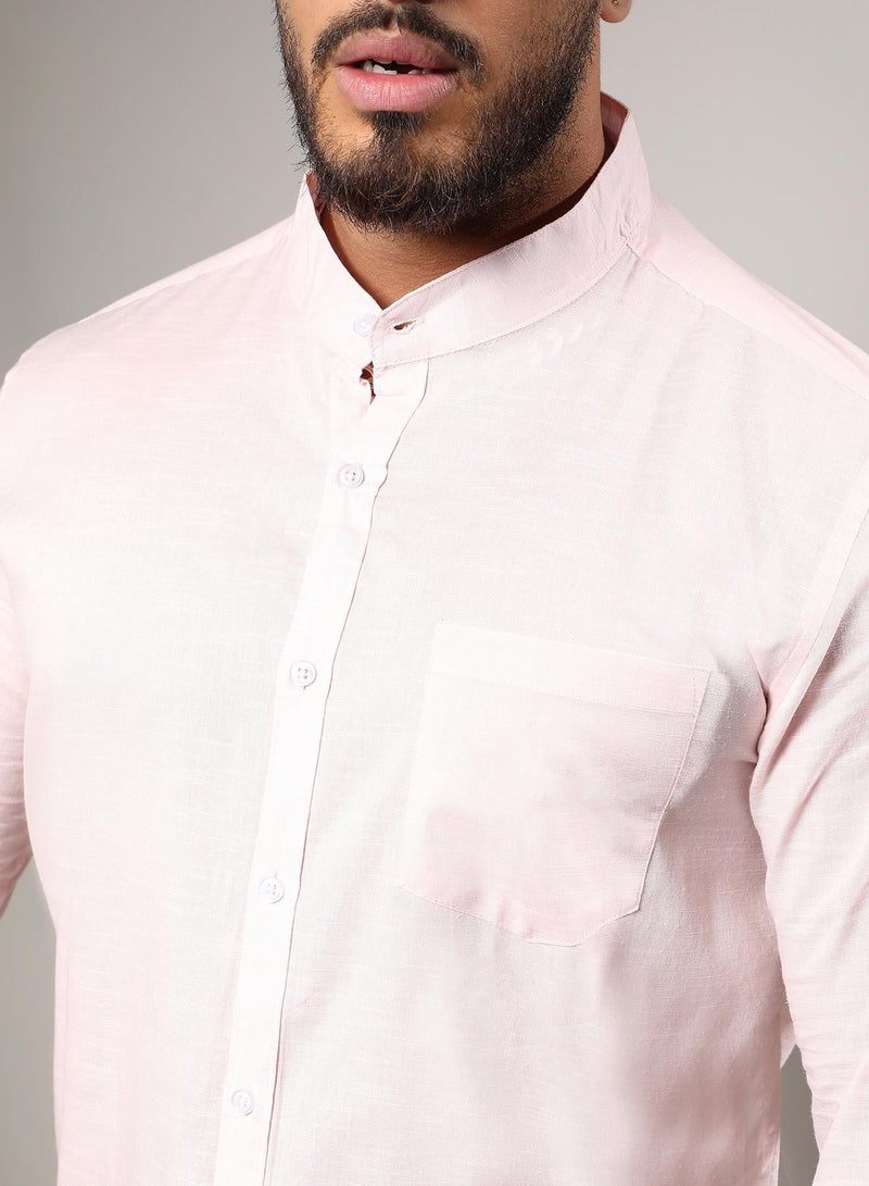 Instafab Plus Men's Baby Pink Basic Button-Up Shirt For Casual Wear | Mandarin Collar | Long Sleeve | Button Closure | Shirt Crafted With Comfort Fit For Everyday Wear - Image 5