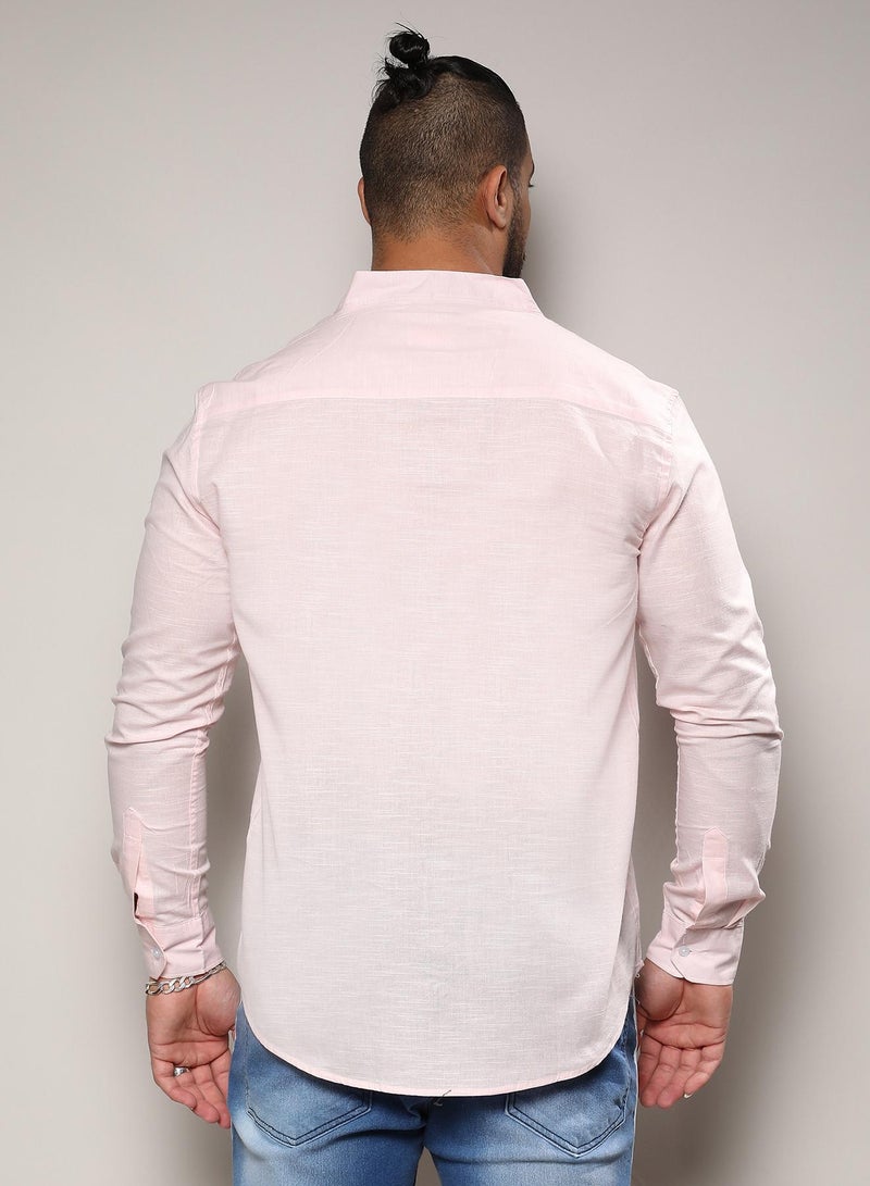 Instafab Plus Men's Baby Pink Basic Button-Up Shirt For Casual Wear | Mandarin Collar | Long Sleeve | Button Closure | Shirt Crafted With Comfort Fit For Everyday Wear - Image 3