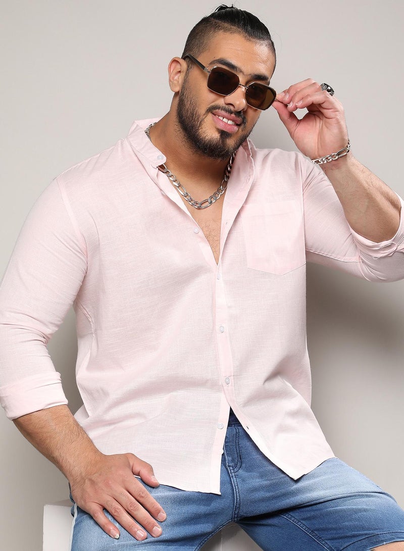 Instafab Plus Men's Baby Pink Basic Button-Up Shirt For Casual Wear | Mandarin Collar | Long Sleeve | Button Closure | Shirt Crafted With Comfort Fit For Everyday Wear - Image 2