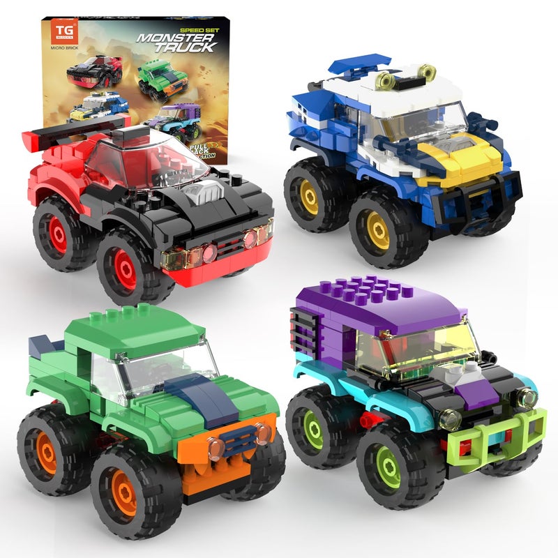 TG BLOCKS 4 Pack Monster Truck Micro Brick Building Blocks Set, Pull Back Car Toy Vehicles Set, Birthday Party Favor or Gift for Teens Ages 8+ Kids - Image 1