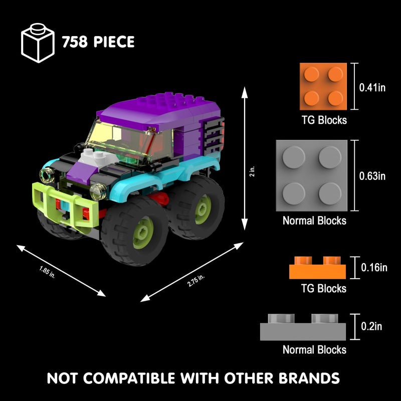 TG BLOCKS 4 Pack Monster Truck Micro Brick Building Blocks Set, Pull Back Car Toy Vehicles Set, Birthday Party Favor or Gift for Teens Ages 8+ Kids - Image 2