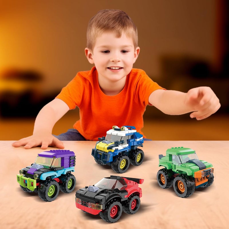 TG BLOCKS 4 Pack Monster Truck Micro Brick Building Blocks Set, Pull Back Car Toy Vehicles Set, Birthday Party Favor or Gift for Teens Ages 8+ Kids - Image 3