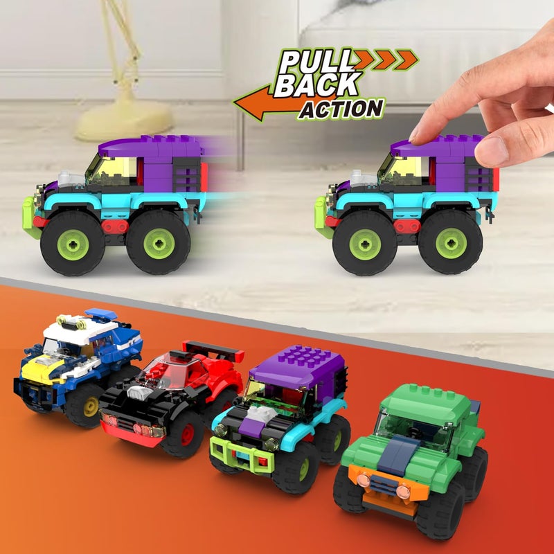 TG BLOCKS 4 Pack Monster Truck Micro Brick Building Blocks Set, Pull Back Car Toy Vehicles Set, Birthday Party Favor or Gift for Teens Ages 8+ Kids - Image 4