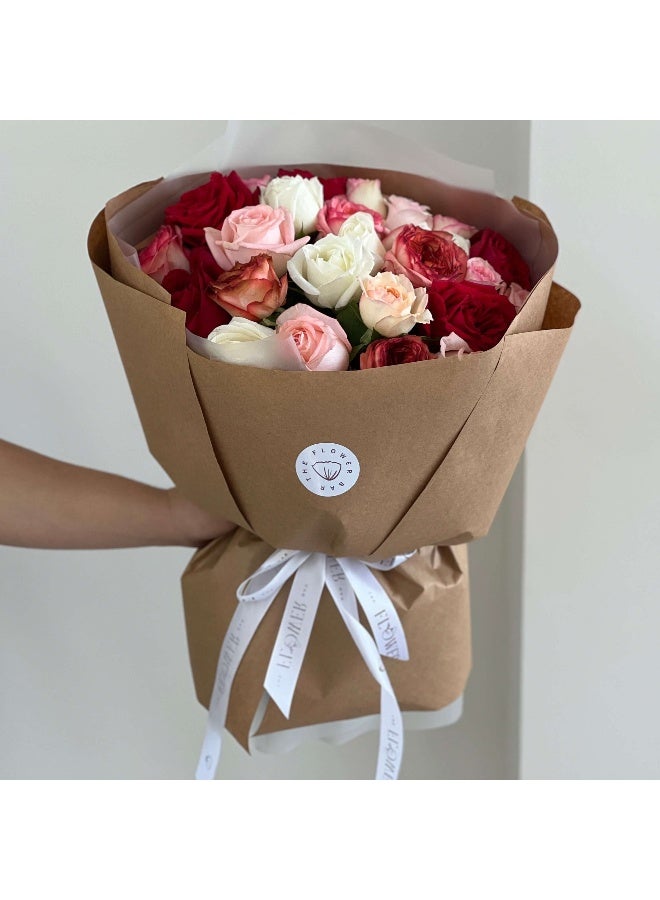 Generic Amanda- Bouquet Of 25 Roses In Different Colors Wrapped In Kraft Paper Fresh Flowers