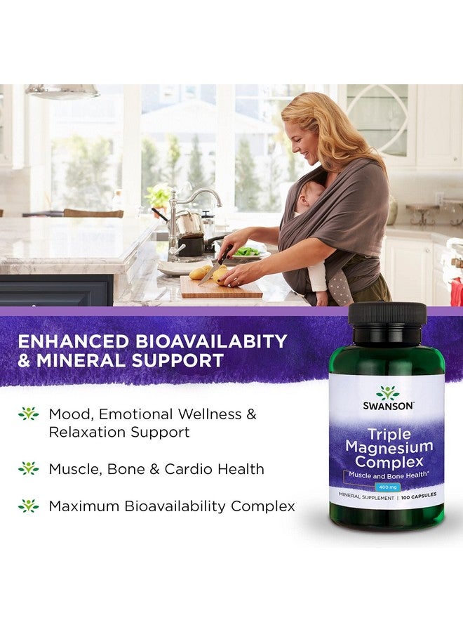 Swanson Triple Magnesium Complex - Mineral Supplement - Natural Support - Featuring Citrate, Oxide & Aspartate - (100 Capsules, 400mg Each,) (3 Pack) - Image 4