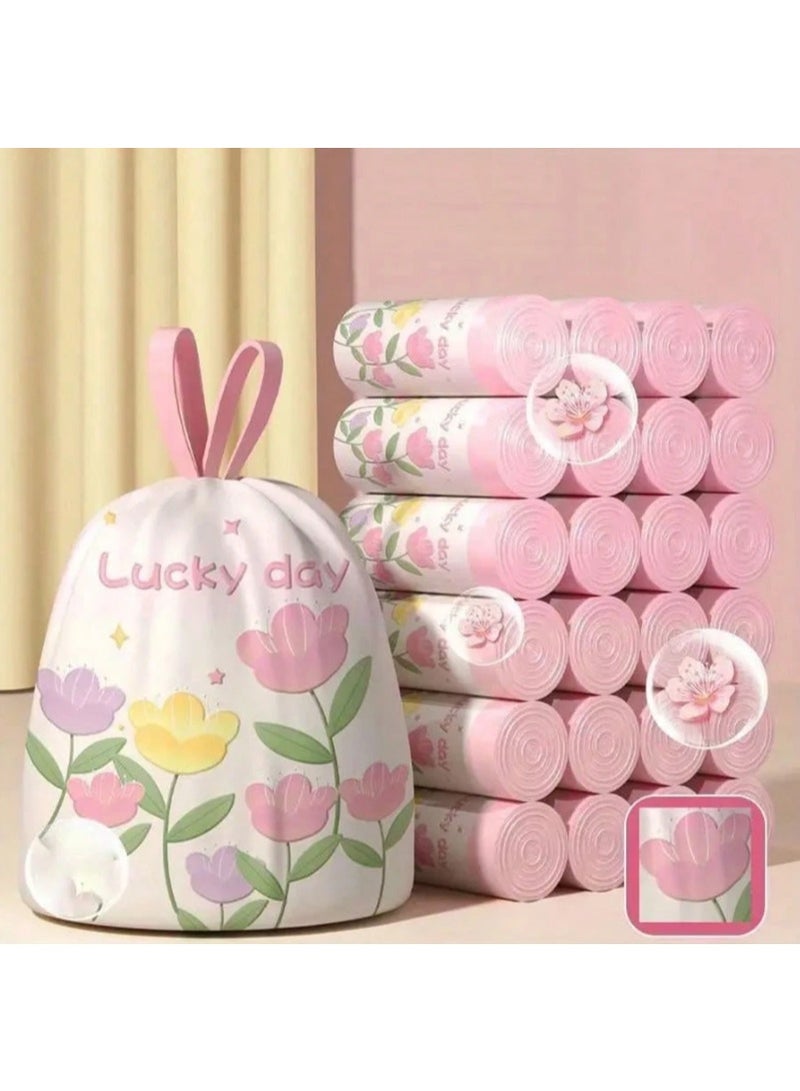 50 قطعة أكياس قمامة برباط سحب Lucky Day بتصميم زهور – أكياس نفايات سميكة مقاومة للتسرب – أكياس مهملات منزلية بتصميم باستيل جميل – سهلة السحب للمطبخ والمنزل - Image 1