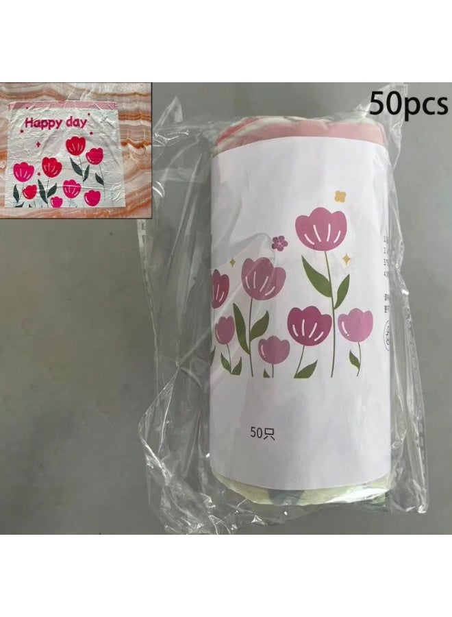 50 قطعة أكياس قمامة برباط سحب Lucky Day بتصميم زهور – أكياس نفايات سميكة مقاومة للتسرب – أكياس مهملات منزلية بتصميم باستيل جميل – سهلة السحب للمطبخ والمنزل - Image 2