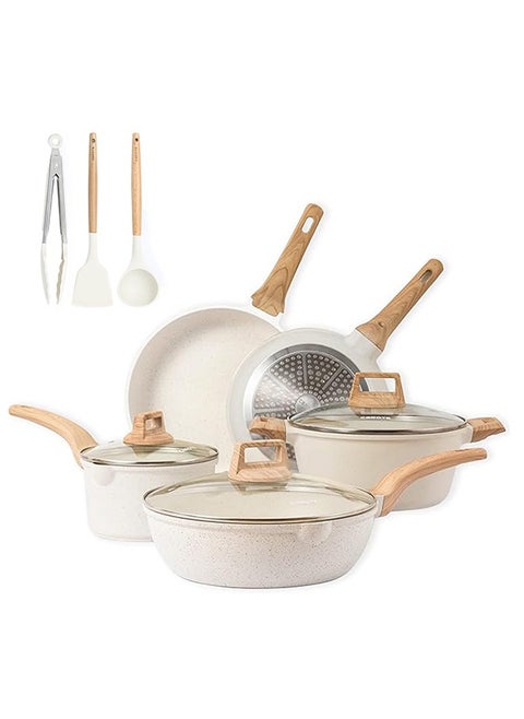 11 Piece Swiss Granite Coating Cookware Set Pots And Pans With Wooden Handles, Non-Stick, 1X24Cm Frying Pan, 1X28Cm Frying Pan, 1X28Cm Sauce Pan With Lid, 1X18Cm Sauce Pan With Lid, 1X24Cm Casserole With Lid, 1X Tongs, 1X Laddle, 1X Turner, Ice Cream