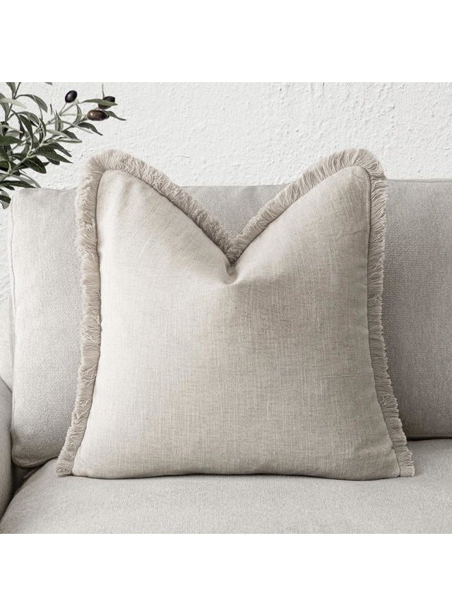 Foindtower Decorative Linen Fringe Throw Pillow Covers Cozy Boho Farmhouse Cushion Cover with Tassels Soft Accent Pillowcase for Chair Sofa Bed Living Room Home Decor, 26×26 Inch, 1PC, Natural Beige - Image 1