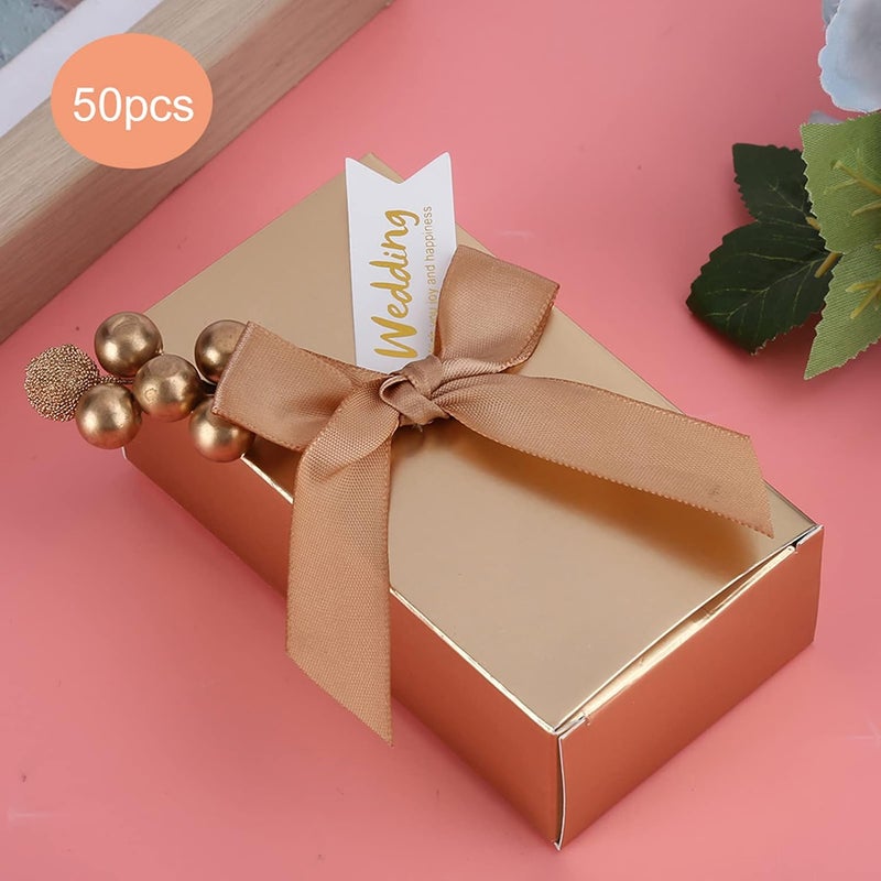 klarako Party Favors Boxes with Bowknot, 50pcs Ribbon Candy Paper Gift Box Rectangular Glitter Bags for Souvenirs Wedding Treat Graduation Birthday Mother\‘s Day Supplies Princess Party(Gold) - Image 2