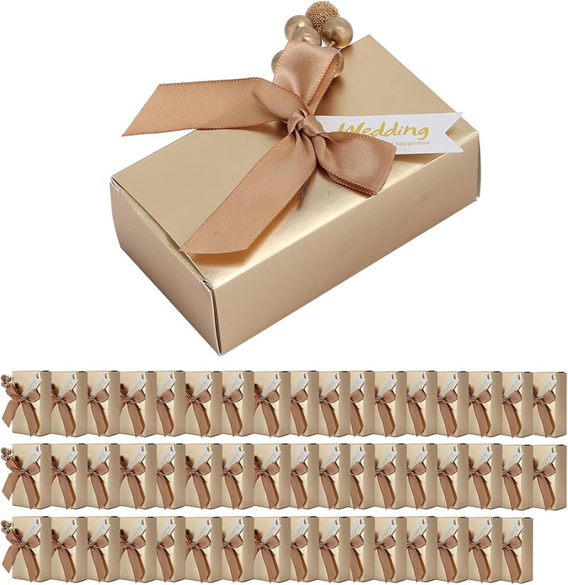 klarako Party Favors Boxes with Bowknot, 50pcs Ribbon Candy Paper Gift Box Rectangular Glitter Bags for Souvenirs Wedding Treat Graduation Birthday Mother\‘s Day Supplies Princess Party(Gold) - Image 1