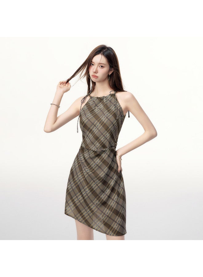 EPTISON Off-shoulder Tie Strap Dress For Women - Summer Retro Sweet & Edgy Asymmetric Design Plaid Mini Skirt - Image 3
