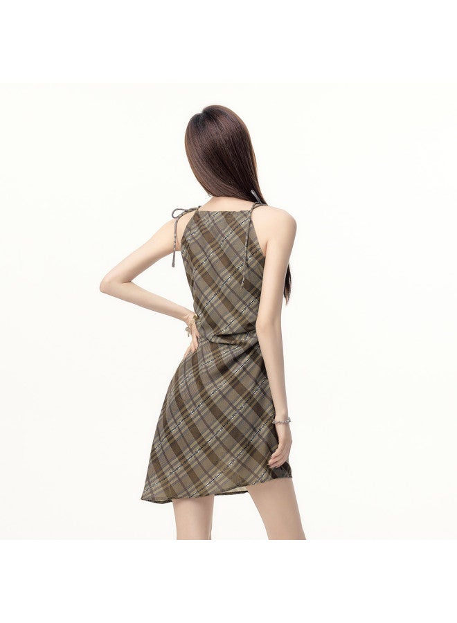 EPTISON Off-shoulder Tie Strap Dress For Women - Summer Retro Sweet & Edgy Asymmetric Design Plaid Mini Skirt - Image 5
