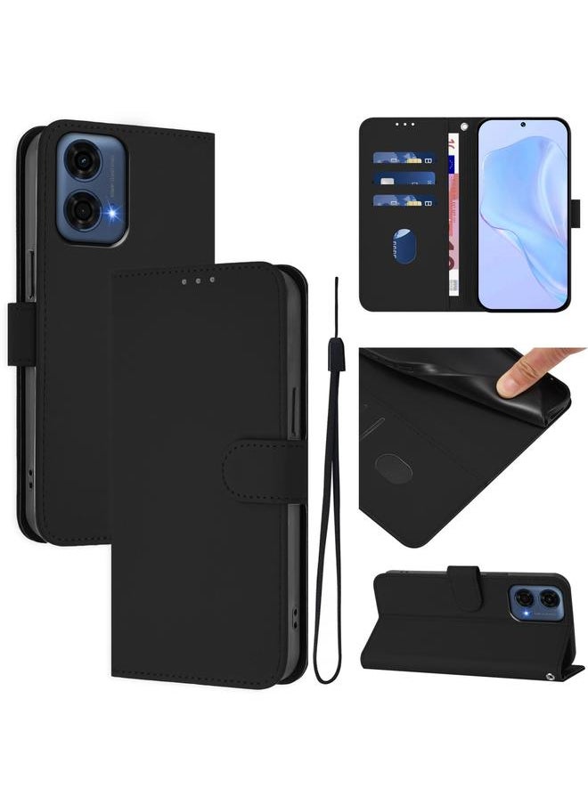 إيروريكس جراب هاتف من الجلد بلون سادة لهاتف Motorola Moto G24 Power 4G من India Skin Feel مع حزام (أسود) 