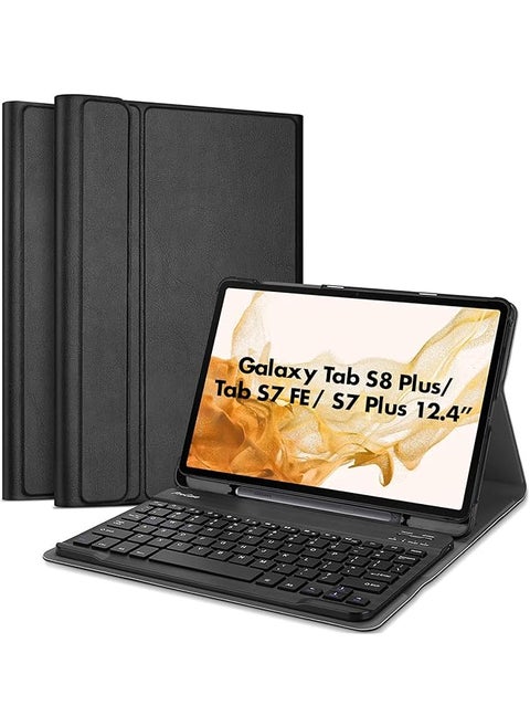 حافظة لوحة مفاتيح لجهاز Galaxy Tab S8 Plus S7 Fe S7 Plus مقاس 12.4 بوصة مع لوحة مفاتيح لاسلكية قابلة للفصل مغناطيسيًا لجهاز Samsung X800 X806 T970 T975 T976 T978 T730 T736 باللون الأسود