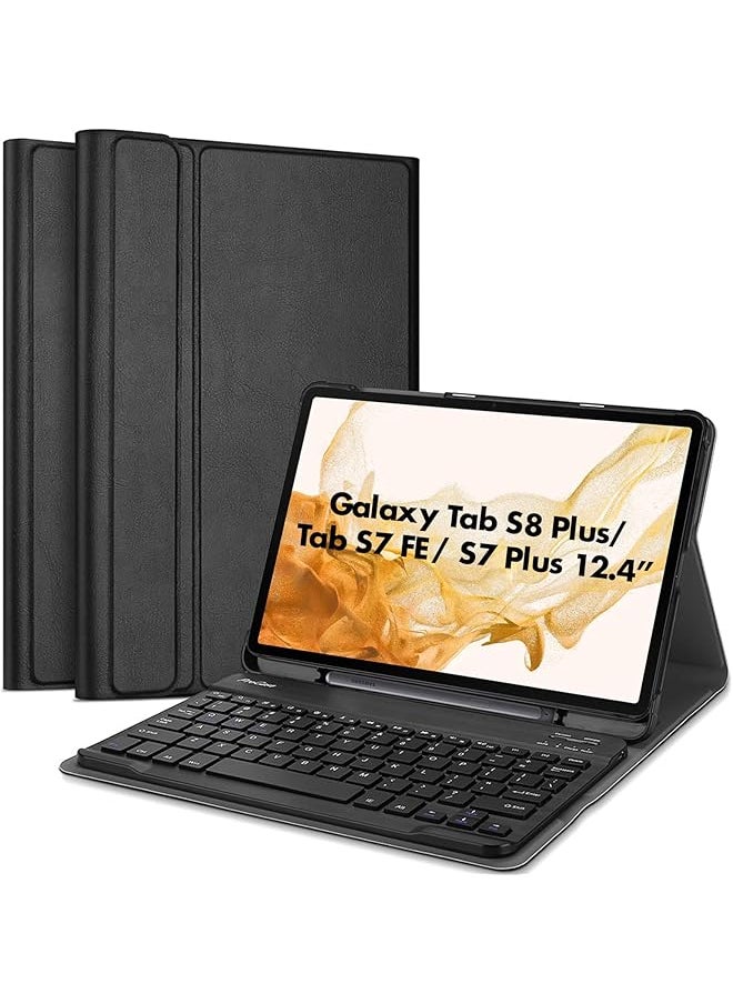 حافظة لوحة مفاتيح لجهاز Galaxy Tab S8 Plus S7 Fe S7 Plus مقاس 12.4 بوصة مع لوحة مفاتيح لاسلكية قابلة للفصل مغناطيسيًا لجهاز Samsung X800 X806 T970 T975 T976 T978 T730 T736 باللون الأسود