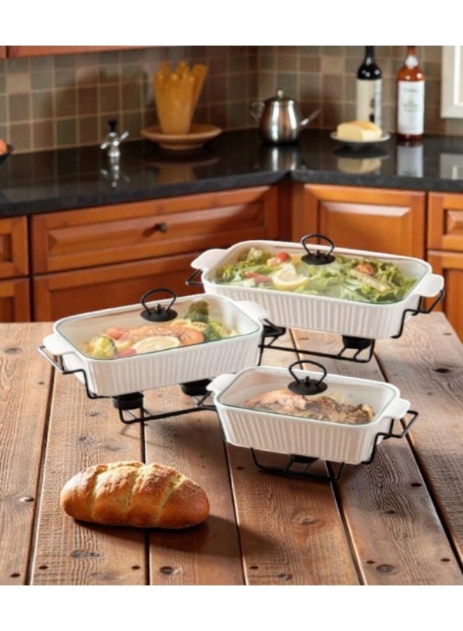 Dove 3-Piece Rectangular Porcelain Food Warmer With Candle Stand & Glass Lid Set White/Black, Sizes 10 + 12 + 14.5 Inch - Image 1
